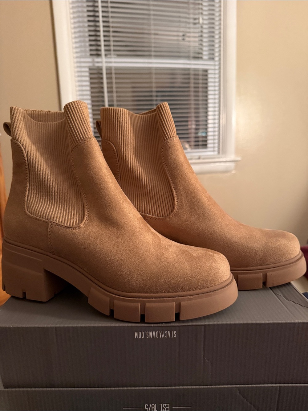 Chunky Tan Chelsea Booties with Ribbed Stretch Collar